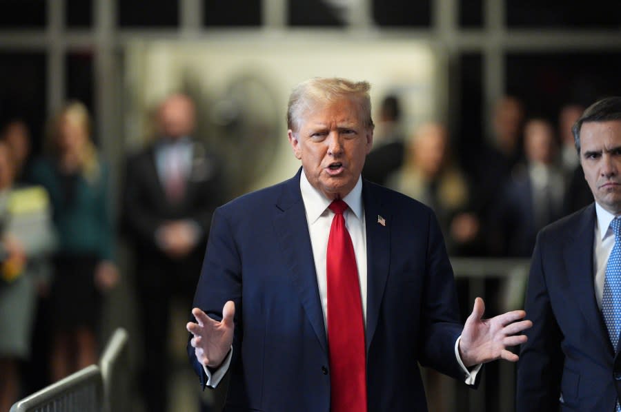 <em>Former President Donald Trump appears in Manhattan criminal court on Tuesday, April 23, 2024 in New York. (Curtis Means/DailyMail.com via AP, Pool)</em>