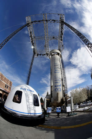 A general view of the Blue Origin Crew Capsule mockup and New Shepard rocket booster at the 33rd Space Symposium in Colorado Springs, Colorado, United States April 5, 2017. REUTERS/Isaiah J. Downing