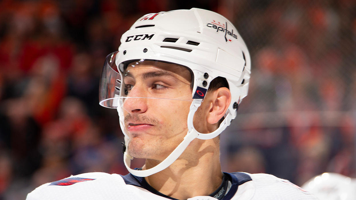 PHILADELPHIA, PA - NOVEMBER 13: Garnet Hathaway #21 of the Washington Capitals looks on against the Philadelphia Flyers at Wells Fargo Center on November 13, 2019 in Philadelphia, Pennsylvania. (Photo by Mitchell Leff/Getty Images) 