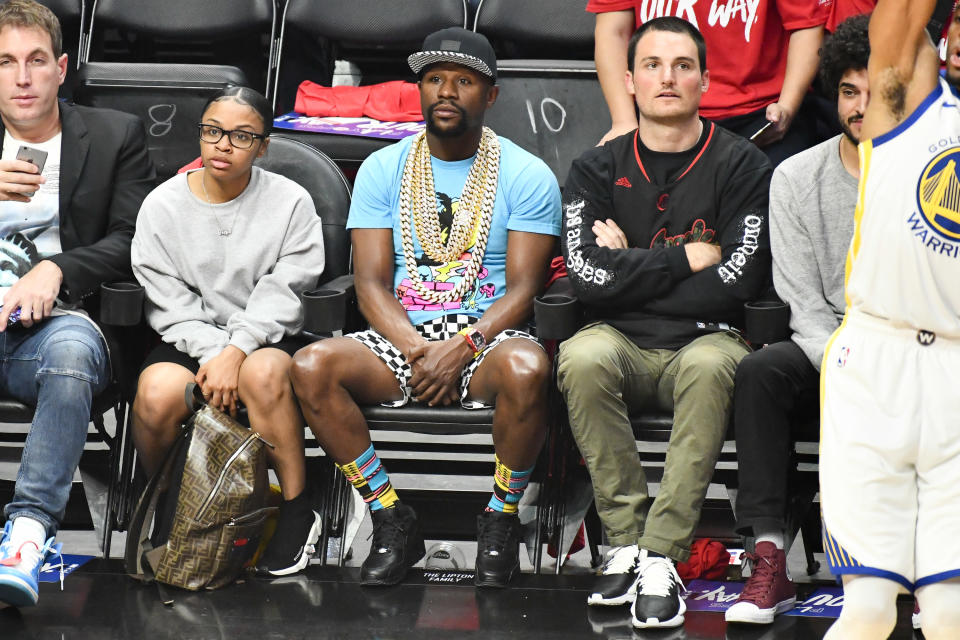 Floyd Mayweather Jr. attends an NBA playoffs basketball game between the Los Angeles Clippers and the Golden State Warriors at Staples Center on April 18, 2019 in Los Angeles, California. (Photo by Allen Berezovsky/Getty Images)