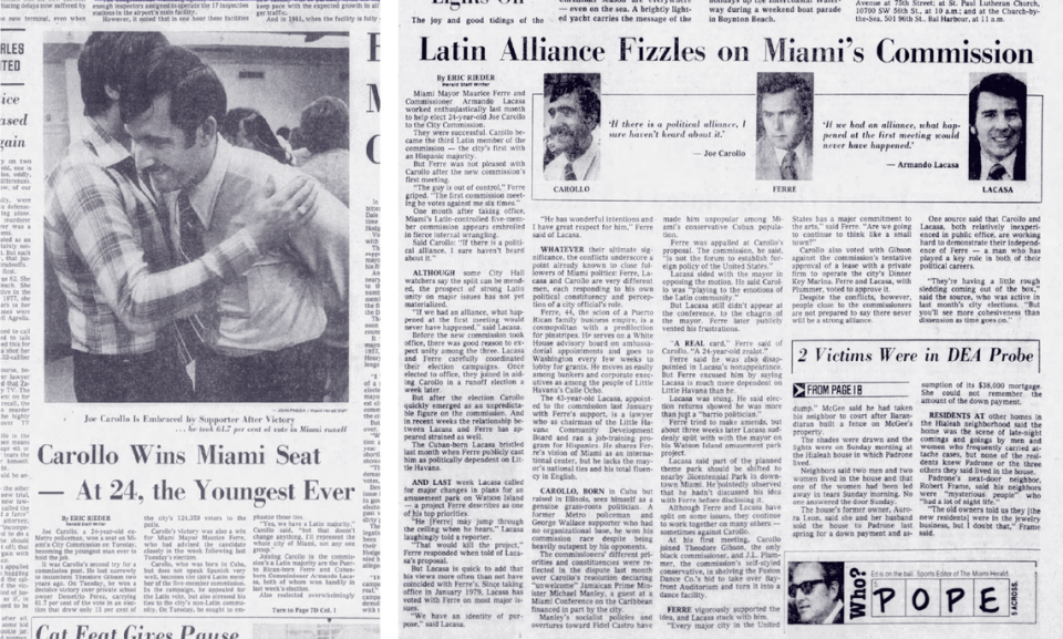 Cobertura de Miami Herald de la primera victoria de Carollo en la comisión (a la izquierda), en noviembre de 1979, y tras la primera reunión de Carollo (a la derecha).