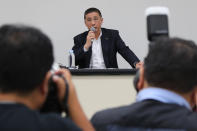 Nissan Chief Executive Hiroto Saikawa speaks during a press conference in the automaker's headquarters in Yokohama, near Tokyo, Monday, Sept. 9, 2019. Saikawa tendered his resignation Monday after acknowledging that he had received dubious income and vowed to pass the leadership of the Japanese automaker to a new generation. (AP Photo/Koji Sasahara)