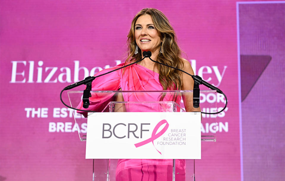 Elizabeth Hurley speaks onstage during the Breast Cancer Research Foundation Hot Pink Party at The Glasshouse on May 09, 2023 in New York City.