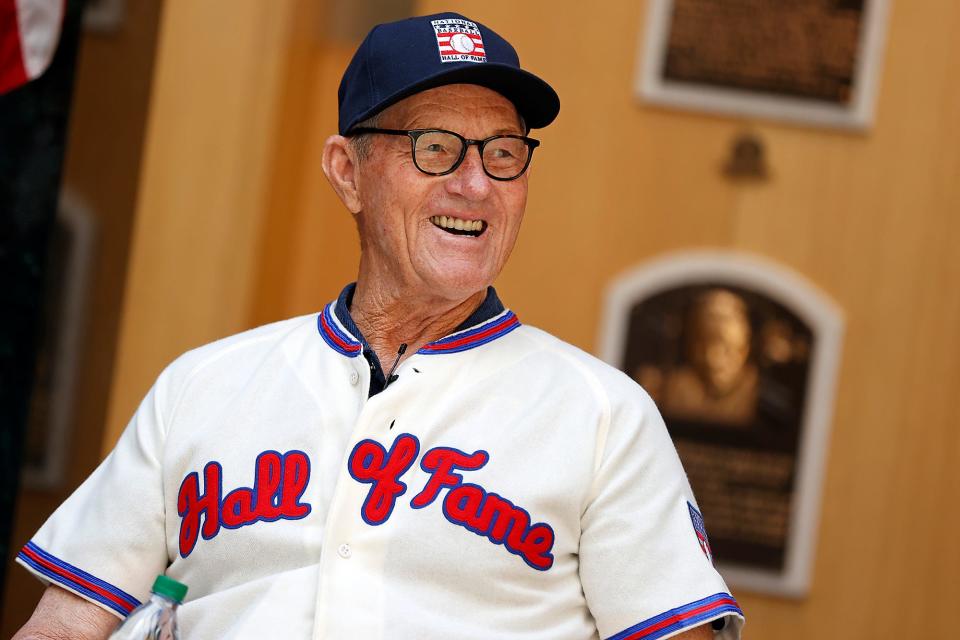 Jim Kaat sits in the plaque gallery during his orientation visit to the National Baseball Hall Of Fame Museum.