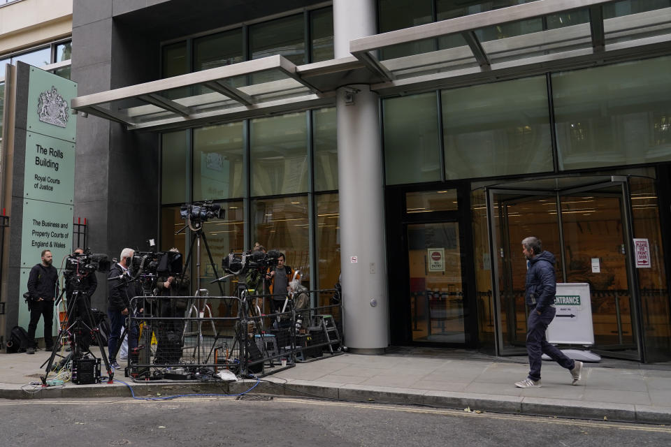 Media waits outside the High Court for the expected arrival of Prince Harry in London, Monday, June 5, 2023. Prince Harry has five active legal cases, three of them involving his battle with the British tabloids. He is expected to testify in London's High Court; if he takes the witness stand, he'll be the first member of the royal family to testify in court since the late 19th century. (AP Photo/Alberto Pezzali)