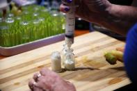 Janine Davies, who set up Shoalhaven Bat Clinic, a care centre for flying foxes, fills up milk bottles for baby flying foxes in her home in Bomaderry