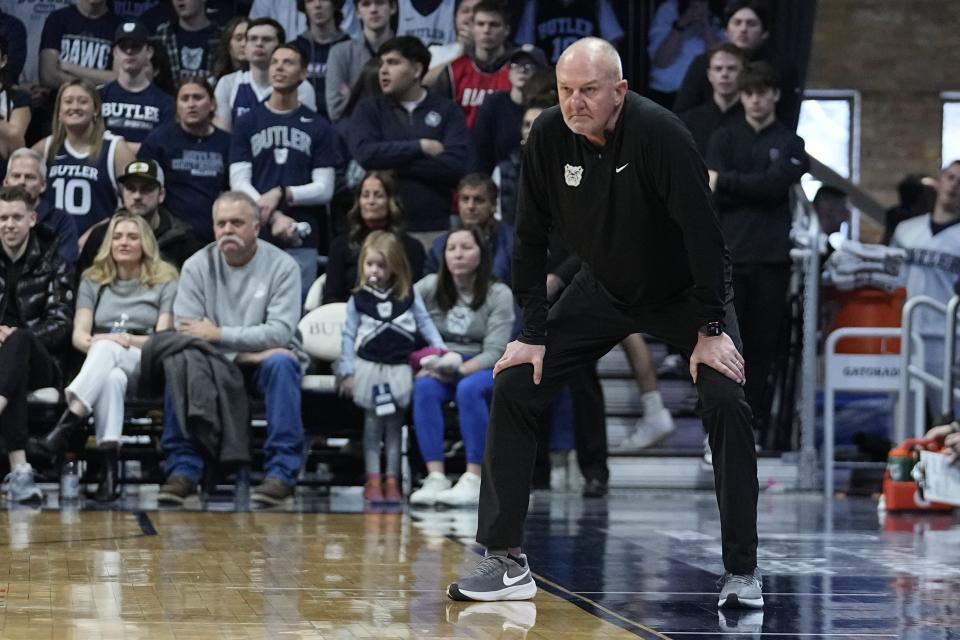 Butler head coach Thad Matta looks on during the second half of an NCAA college basketball game against Creighton, Saturday, Feb. 17, 2024, in Indianapolis. (AP Photo/Darron Cummings)