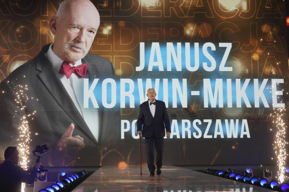 Confederation candidate Janusz Korwin-Mikke appears at a convention in Katowice, Poland, on Saturday, Sept. 23, 2023. Confederation has been growing in popularity, especially among young men. Korwin-Mikke is one of the party's most controversial members. He has questioned whether women should have the right to vote, claiming that they are "less intelligent." And he also defended Russian President Vladmir Putin after the invasion of Ukraine. The party has been riding a wave of growing support for far-right parties across Europe, and polls show it could increase its presence in parliament in a national election Oct. 15. (AP Photo/Czarek Sokolowski)