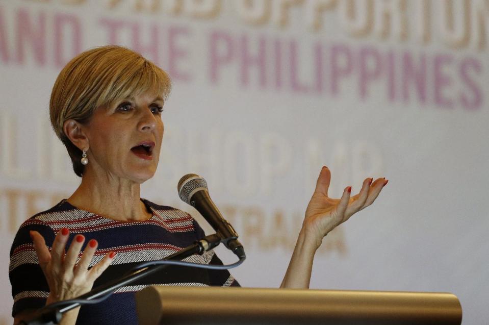 Australian Foreign Minister Julie Bishop gestures during her speech at the Stratbase Albert del Rosario Institute for Strategic and International Studies on regional challenges and opportunities for Australia and the Philippines at a hotel in the financial district of Makati, south of Manila, Philippines Thursday, March 16, 2017. Bishop is in the country to discuss mutual interests in counter terrorism; maritime and regional security; and peace and development in Mindanao. (AP Photo/Aaron Favila)