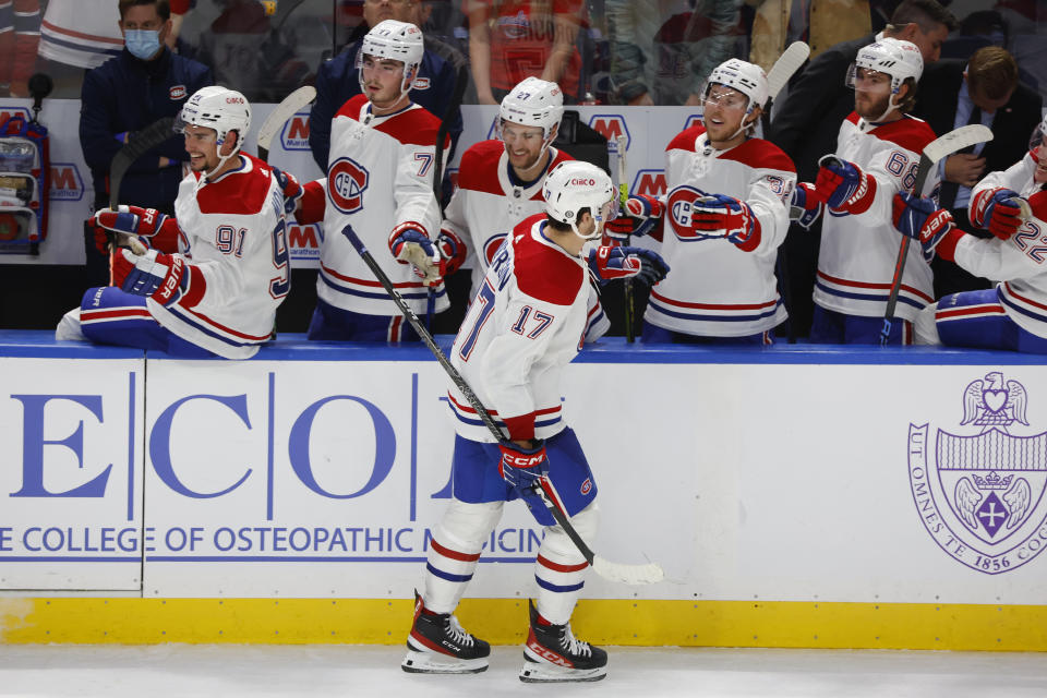 Montreal Canadiens right wing Josh Anderson (17) celebrates after his goal during the third period of an NHL hockey game against the Buffalo Sabres, Thursday, Oct. 27, 2022, in Buffalo, N.Y. (AP Photo/Jeffrey T. Barnes)