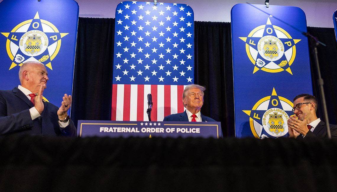 Former President Donald Trump gives remarks to the Fraternal Order of Police in Charlotte, N.C., on Friday, September 6, 2024.