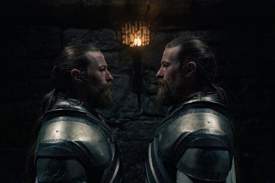 Erryk and Arryk Cargyll, played by 34-year-old identical twin actors Elliott and Luke Tittensor, face off in "House of the Dragon" Episode 2.