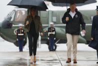 <p>President Donald Trump and first lady Melania Trump walk from Marine One to board Air Force One at Andrews Air Force Base, Md., Tuesday, Aug. 29, 2017, for a trip to Texas to get an update on Hurricane Harvey relief efforts. (Photo: Evan Vucci/AP) </p>