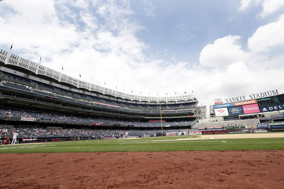 Los Angeles Angels pitcher Shohei Ohtani throws to New York Yankees designated hitter Matt Carpenter during the first inning of the first baseball game of a doubleheader on Thursday, June 2, 2022, in New York. (AP Photo/Adam Hunger)