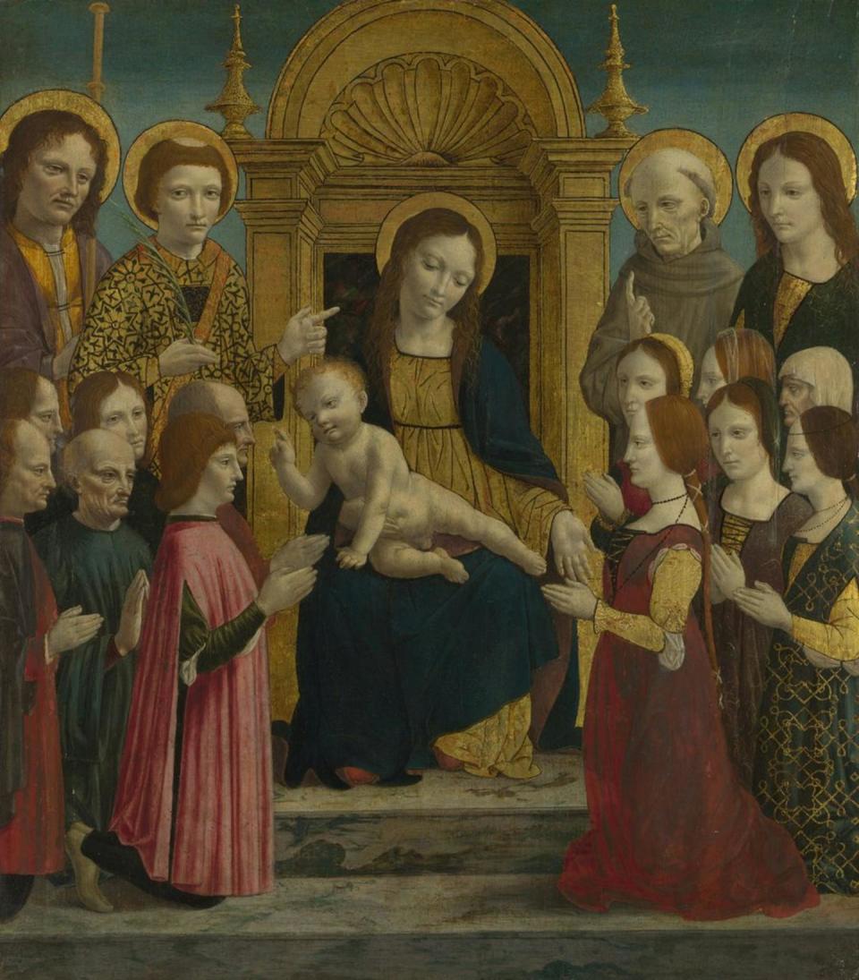 In The Virgin and Child with Four Saints and Twelve Devotees, by (unknown) Master of the Pala Sforzesca, circa 1490, Gian Galeazzo Sforza is shown in prayer facing his wife, Isabella of Aragon (identified by her heraldic red and gold). <a href="https://www.nationalgallery.org.uk/paintings/master-of-the-pala-sforzesca-the-virgin-and-child-with-four-saints-and-twelve-devotees" rel="nofollow noopener" target="_blank" data-ylk="slk:National Gallery;elm:context_link;itc:0;sec:content-canvas" class="link ">National Gallery</a>