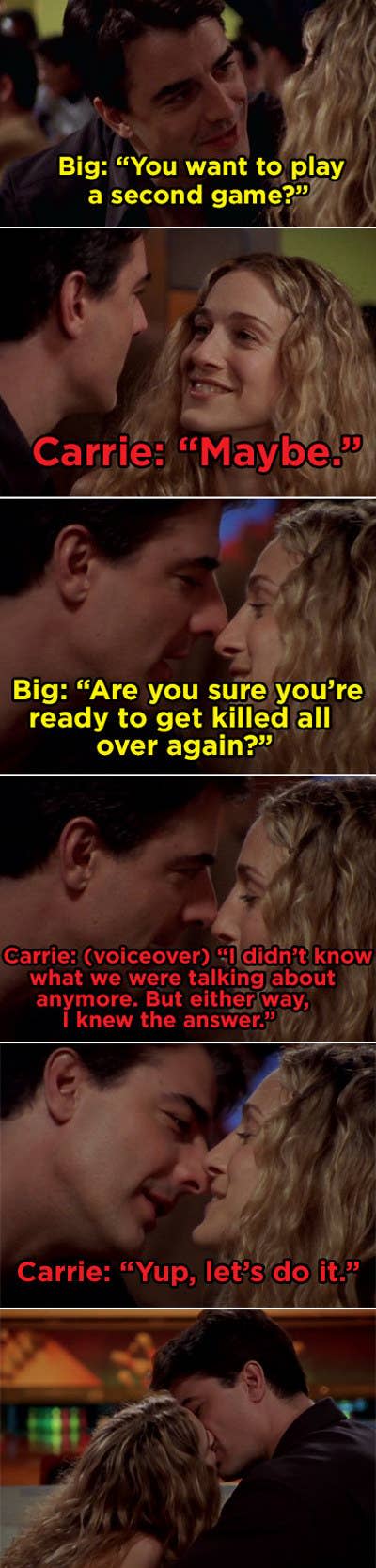 Big asking Carrie if they want to play another round of bowling and then them kissing