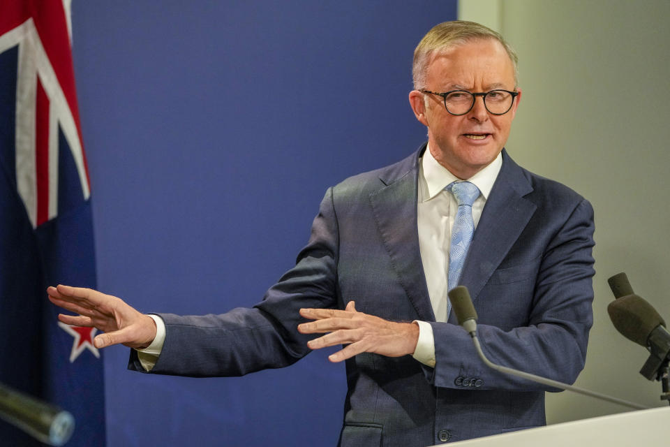 Australian Prime Minister Anthony Albanese gestures during a press conference in Sydney, Australia, Friday, June 10, 2022. Prime Minister Albanese on Monday rejected calls for him to publicly demand the United States drop its prosecution of WikiLeaks founder and Australian citizen Julian Assange. (AP Photo/Mark Baker)