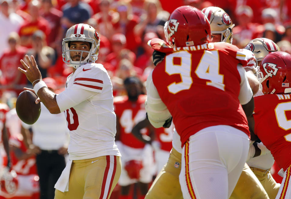 San Francisco 49ers quarterback Jimmy Garoppolo left Sunday’s game with a knee injury. (AP)