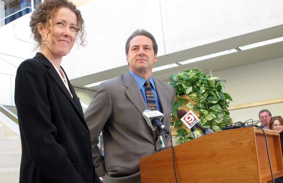 FILE - In this Dec. 14, 2012, file photo, Tracy Stone-Manning, left, is named by Gov.-elect Steve Bullock to run the Montana Department of Environmental Quality, in Helena, Mont. Stone-Manning has been nominated by President Joe Biden to lead an agency that oversees about a quarter-billion acres of public lands in western states. (AP Photo/Matt Gouras, File)