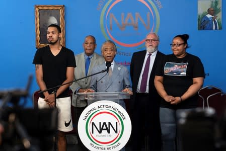 Rev Al Sharpton speaks at a news conference at the National Action Network