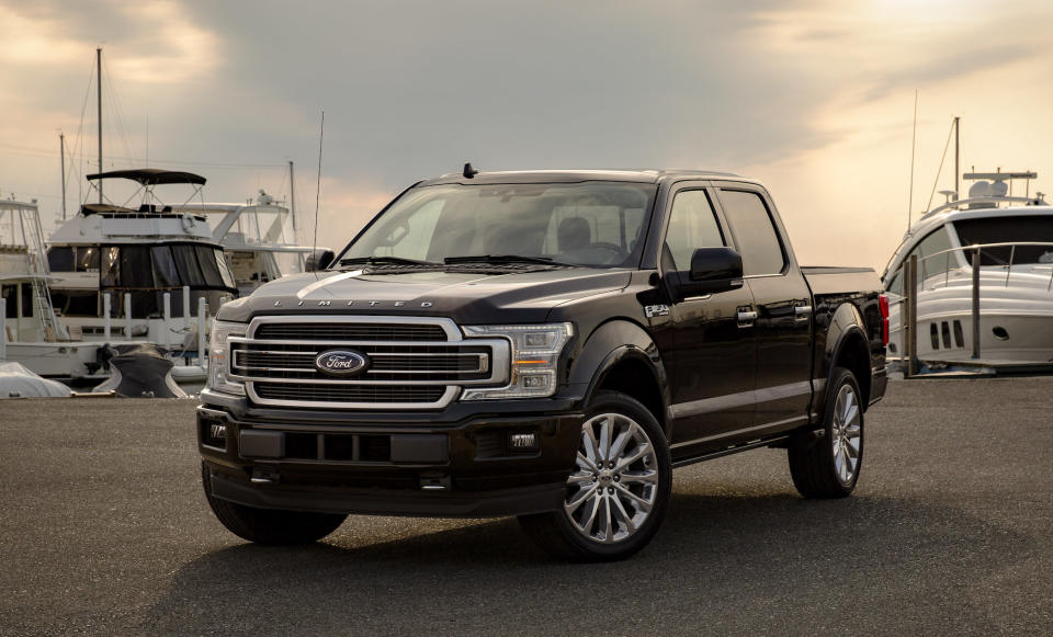 A 2019 Ford F-150, a full-size pickup, parked at a marina