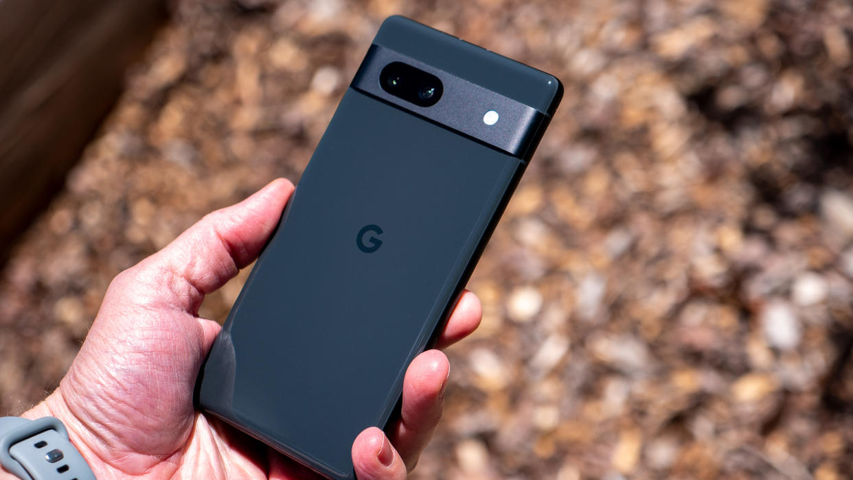  The back of the Charcoal Google Pixel 7a. 