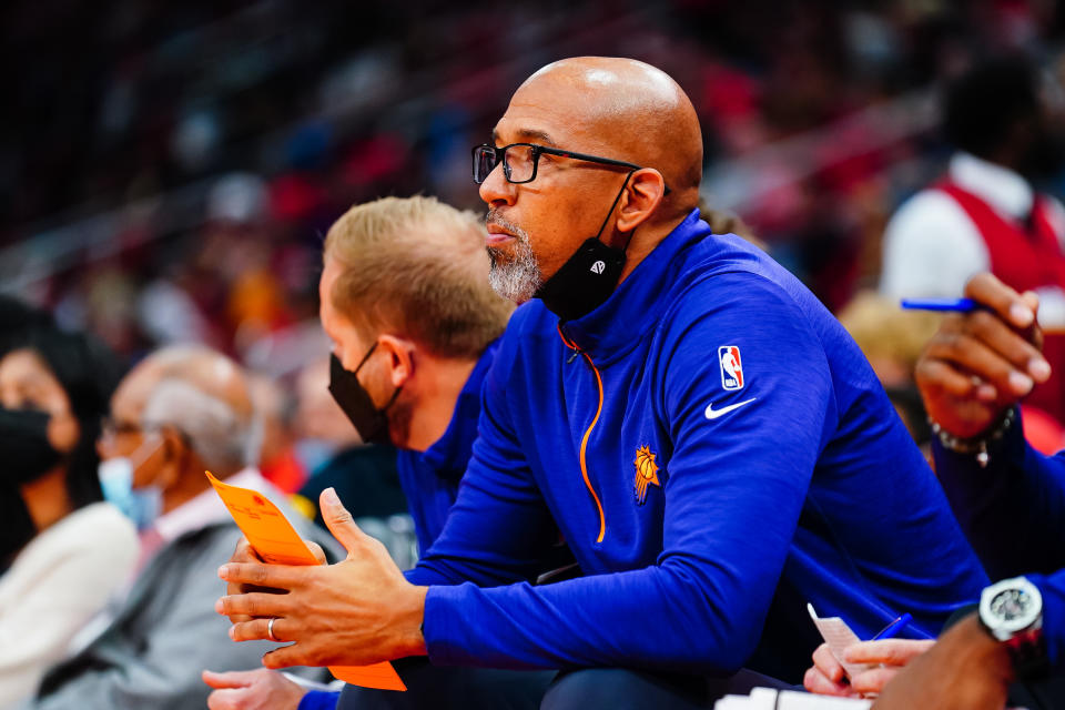 HOUSTON, TX - NOVEMBER 14: Head Coach Monty Williams looks on during the game agains the Houston Rockets at Toyota Center on November 14, 2021 in Houston, Texas. NOTE TO USER: User expressly acknowledges and agrees that, by downloading and/or using this Photograph, user is consenting to the terms and conditions of the Getty Images License Agreement. (Photo by Alex Bierens de Haan/Getty Images)