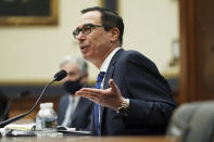 Treasury Secretary Steven Mnuchin testifies before a House Financial Services Committee hearing on Capitol Hill in Washington, Wednesday, Dec. 2, 2020. (Greg Nash/Pool via AP)