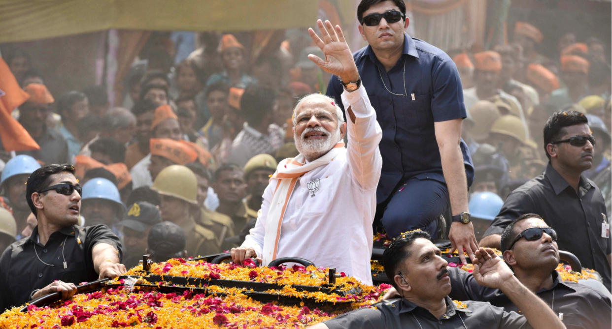 PM Modi at a victory rally in Varanasi in 2014. Getty Images