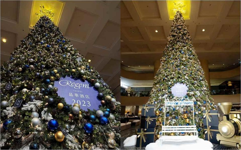 台北晶華酒店於挑高三層樓的中庭設置了一顆巨大的璀璨耶誕樹 圖片來源：台北晶華酒店