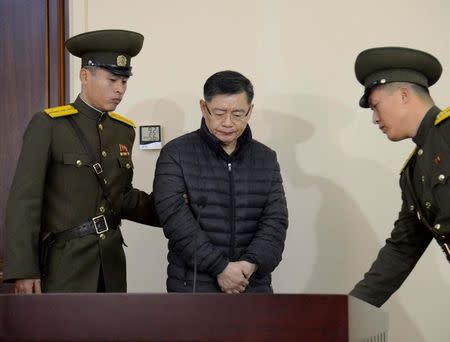 FILE PHOTO - South Korea-born Canadian pastor Hyeon Soo Lim stands during his trial at a North Korean court in this undated photo released by North Korea's Korean Central News Agency (KCNA) in Pyongyang, North Korea on December 16, 2015. REUTERS/KCNA/File Photo