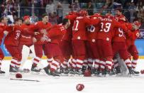 Ice Hockey - Pyeongchang 2018 Winter Olympics - Men's Final Match - Russia - Germany - Gangneung Hockey Centre, Gangneung, South Korea - February 25, 2018 - Olympic Athlete from Russia Kirill Kaprizov reacts with teammates after scoring a goal. REUTERS/Kim Kyung-Hoon