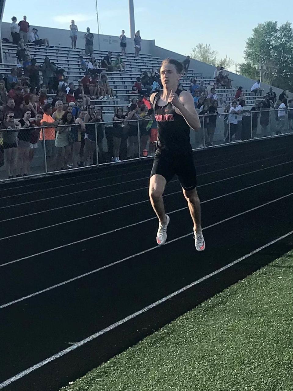 Marion Harding's Brennin Beechum competes in the boys 4x400-meter relay at the Mid Ohio Athletic Conference Track and Field Championships this year at Harding Stadium. Beechum was a part of 38 points at the conference meet to help the Presidents to a second straight team title.