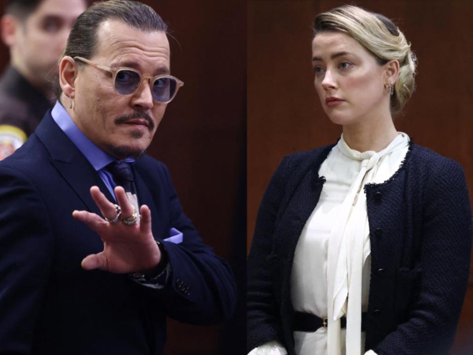 Johnny Depp and Amber Heard at the Fairfax County Courthouse in Fairfax, Virginia, on 5 May 2022 (JIM LO SCALZO/POOL/AFP via Getty Images)