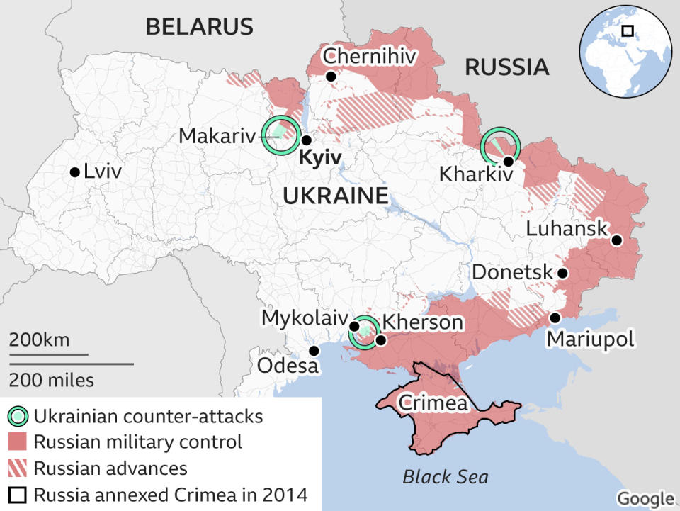 A map shows where Ukrainian counter attacks are occurring against Russian forces.