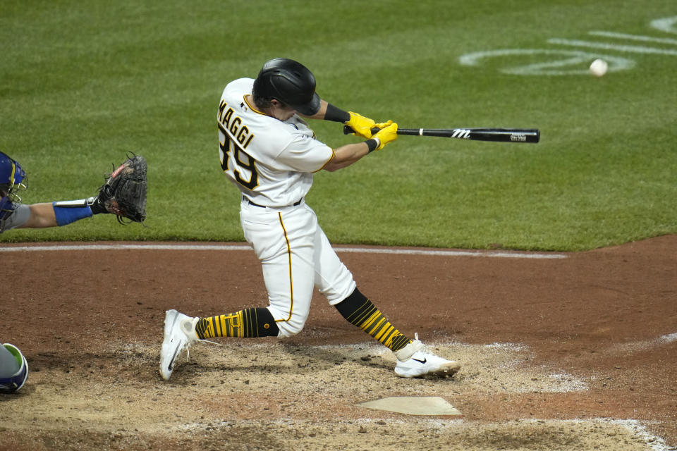 Making his major league debut, Pittsburgh Pirates' Drew Maggi (39) fouls off a pitch from Los Angeles Dodgers relief pitcher Alex Vesia during the eighth inning of a baseball game in Pittsburgh, Wednesday, April 26, 2023. Maggi struck out and the Pirates won 8-1. (AP Photo/Gene J. Puskar)