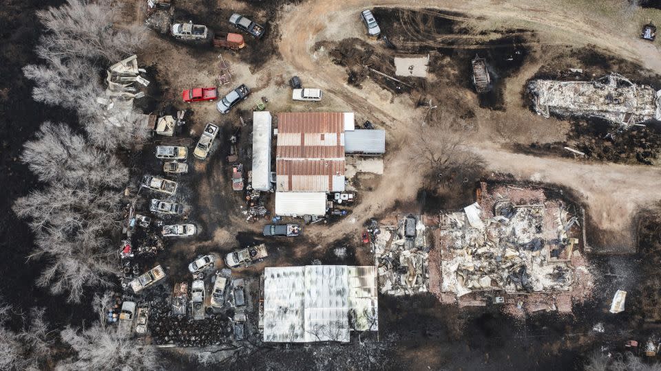 Multiple vehicles and residences are seen destroyed by the Smokehouse Creek Fire in Canadian, Texas, on February 29. The same areas of Texas are at risk of fires once again Wednesday. - David Erickson/AP