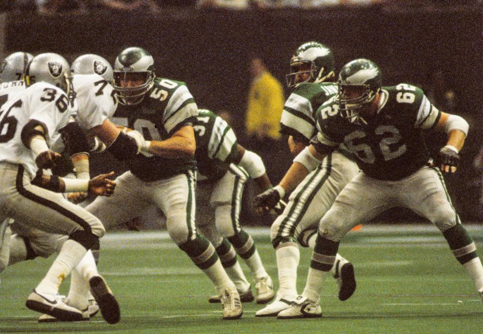 Philadelphia Eagles center Guy Morriss (50) in action with left guard Petey Perot (62) and quarterback Ron Jaworski (7) against the Oakland Raiders during Super Bowl XV at the Superdome, Jan. 25, 1981, in New Orleans. The Raiders won 27-10.