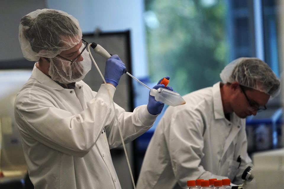 Scientists work in a bioprocess lab at Eat Just in Alameda, Calif., Wednesday, June 14, 2023. The Agriculture Department issued final approvals Wednesday, June 21 to California firms Upside Foods and Good Meat to sell the products, known as “lab grown” or “cultivated” meat. (AP Photo/Jeff Chiu)