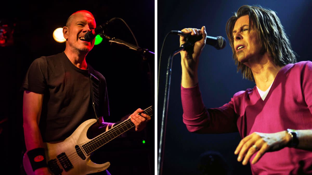  Left - Vocalist / guitarist Page Hamilton of Helmet performs at The Viper Room on May 4, 2013 in West Hollywood, California; Right- Singer David Bowie performs onstage at the Astoria on December 05, 1999 in LONDON, England. 