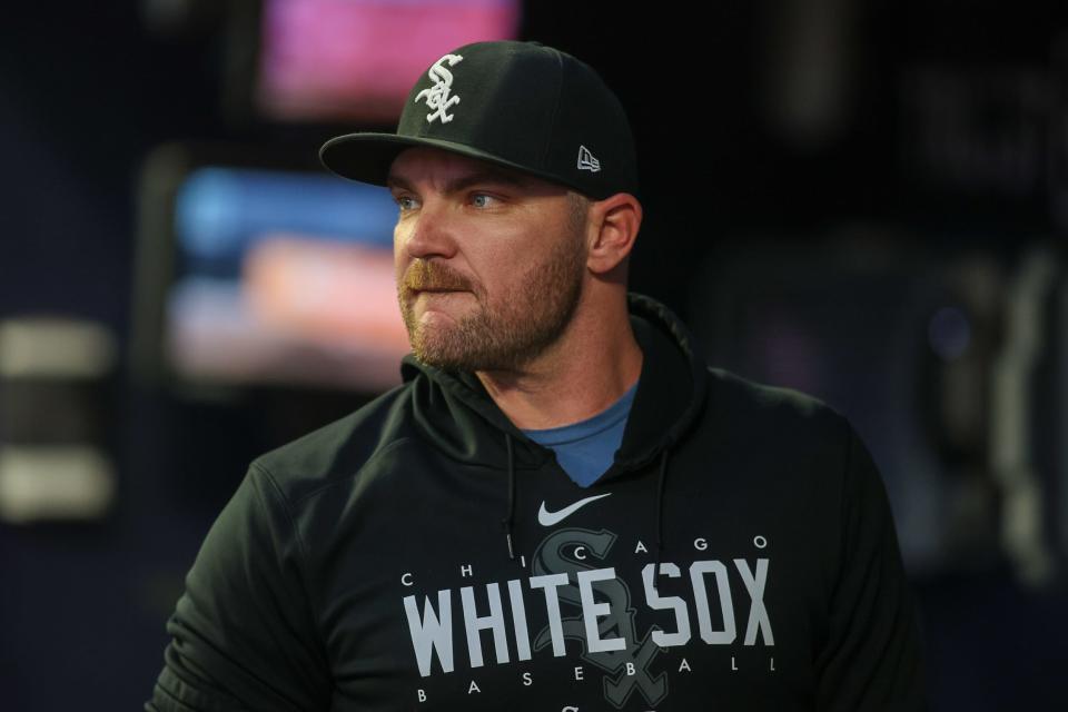 Chicago White Sox relief pitcher Liam Hendriks (31) in the dugout against the Atlanta Braves in the fifth inning at Truist Park in July.
