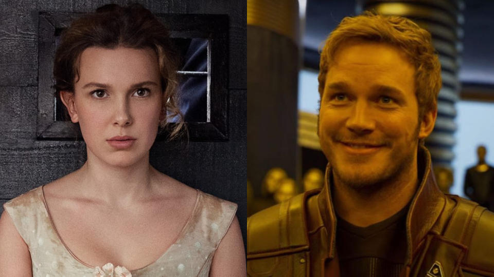 Millie Bobby Brown in Enola Holmes 2; Chris Pratt in Guardians of the Galaxy Vol. 2