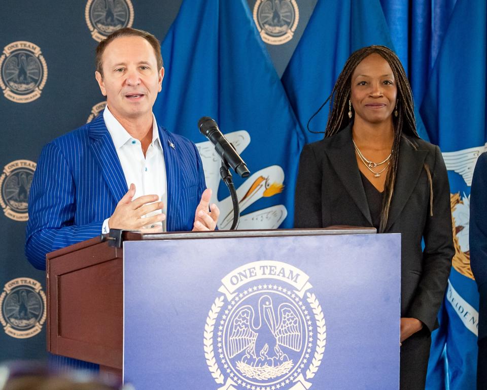 Louisiana Gov.-elect Jeff Landry announced Aurelia Skipwith Giacometto will lead the state Department of Environmental Quality during a press conference on Wednesday, Nov. 15, 2023 in Lafayette.