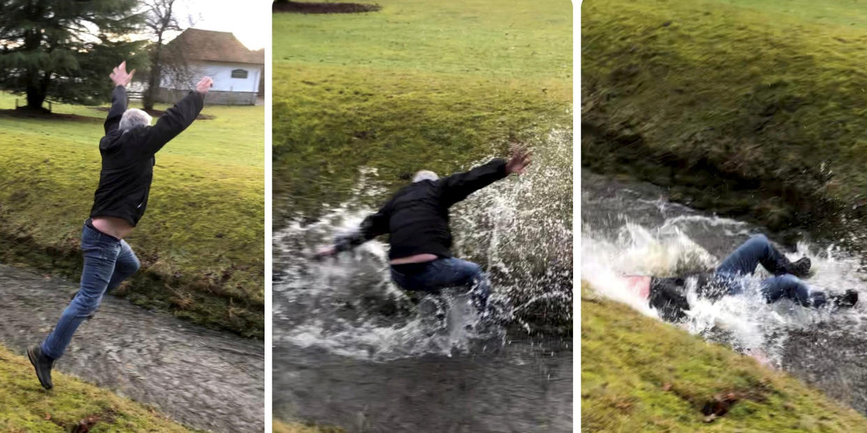 Video grab from the hilarious footage of dad Ian Soutar trying and comically failing to leap over a narrow stream after his daughters  Kimberley Soutar and Charlene McCarroll bet him a tenner that he couldn't make it across. 