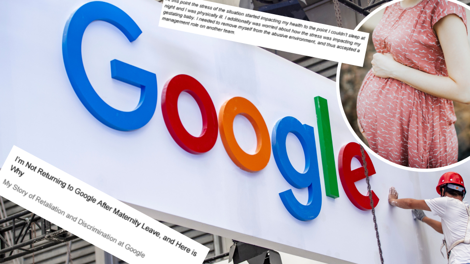 Pictured: Google logo, pregnant woman and viral memo. Images: Getty, Motherboard