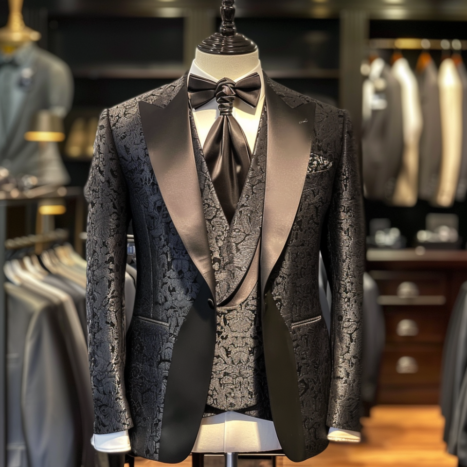 Mannequin displaying a black-patterned tuxedo with satin lapels and bow tie
