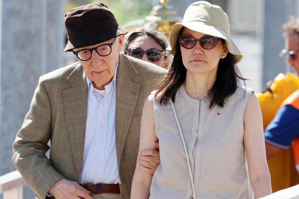 <p>Cobra Team / BACKGRID</p> Director Woody Allen with his wife Soon-yi Previn at the Venice Marco Polo Airport on Sept. 6, 2023