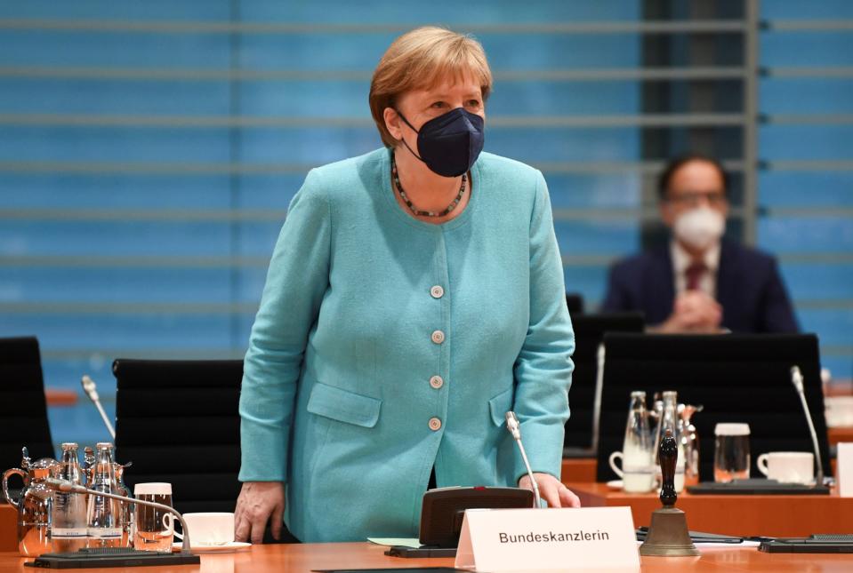German Chancellor Angela Merkel attends the weekly cabinet meeting at the Chancellery in Berlin, Germany, 14 July 2021 (Annegret Hilse/Pool via AP)