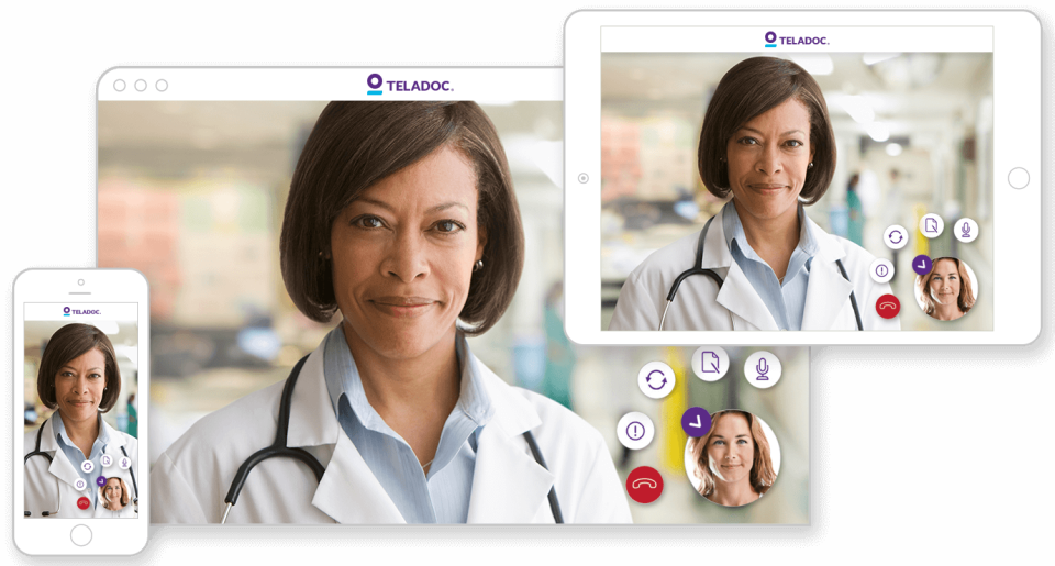 Tablet and smartphone screens running Teladoc app.