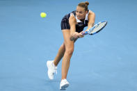 FILE - In this Jan. 9, 2020, file photo, Karolina Pliskova, of the Czech Republic, plays a shot during her match against Ajla Tomljanovic, of Australia, at the Brisbane International tennis tournament in Brisbane, Australia. Pliskova will be competing in the Australian Open tennis tournament, beginning Monday, Jan. 20, 2020. (AP Photo/Tertius Pickard, File)